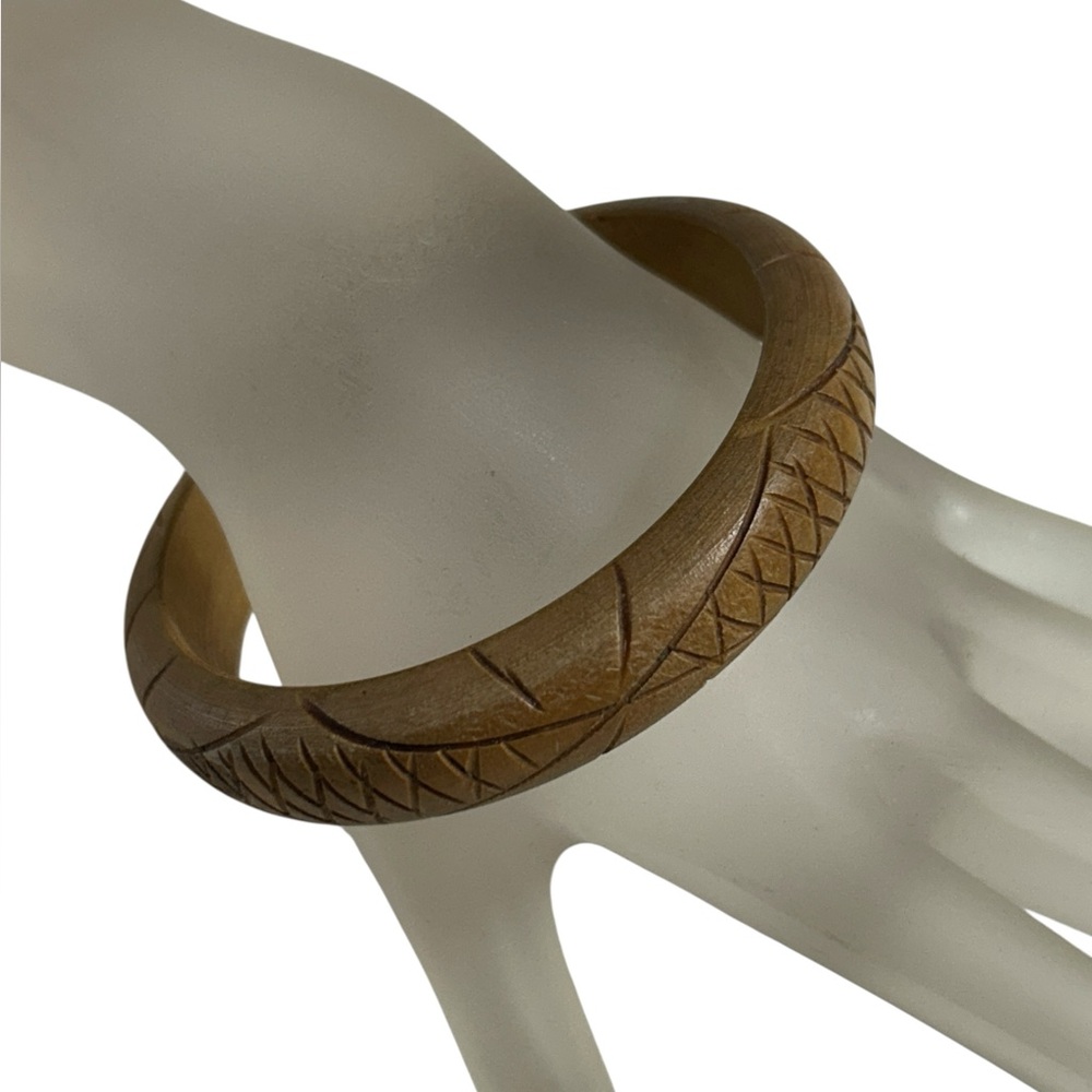 Vintage Boho Carved Wood Tribal 3” Bangle Bracelet Primitive Jewelry